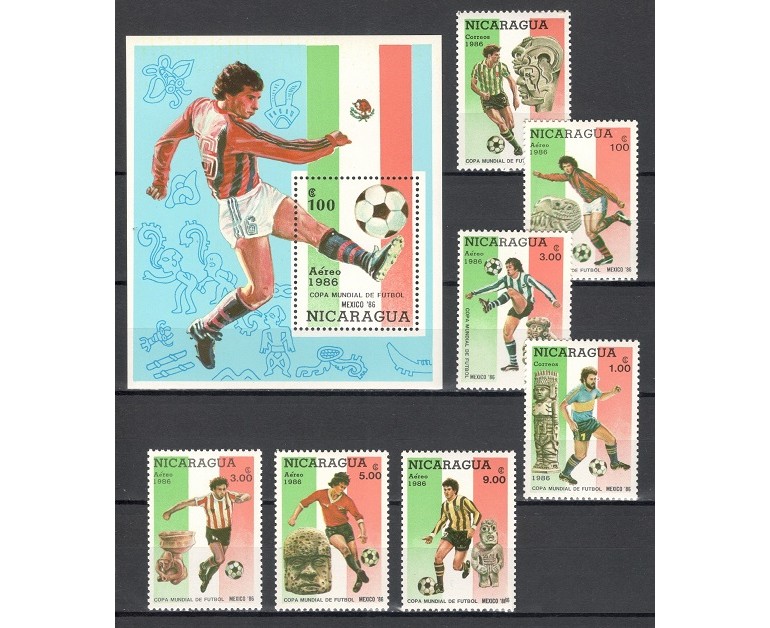 NICARAGUA 1986 - C.M. DE FOTBAL MEXIC 86 - SERIE DE 7 TIMBRE+BLOC NESTAMPILAT - MNH / sport332